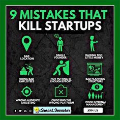 the 9 steps to making money that kill start ups info graphic on black background with green text