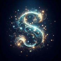 the letter s is made up of glowing lights and swirls on a dark background