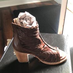 Brand New, Never Worn Woven Leather Block Heels, Open Toe Woven Leather Heels, Brown Leather Sandals For Fall, Leather Ankle-high Sandals With Stacked Heel, Woven Leather High Heels, Brown Ankle-high Sandals For Fall, Ankle-high Leather Sandals For Fall, Ankle-high Brown Sandals For Fall, Spring Open Heel Boots