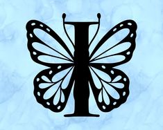 a black and white butterfly with the letter i on it's wings is silhouetted against a blue marble background