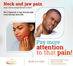 At Smyrna Dental & Headache Center, we never ignore patients’ concerns about neck and #jaw pain. We will do a comprehensive exam to find out the cause of your pain before creating a customized treatment plan for you. #NeckPain #JawPain #smyrna #GA Natural Cosmetics, Holistic Dentistry, Dentist Doctor, Great Smiles, Dental Services