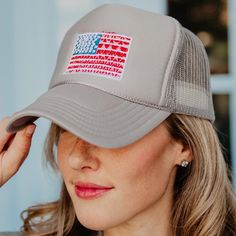 Celebrate the stars and stripes in style with our Katydid American Flag Foam Trucker Hat Ð a patriotic must-have adorned with our cute and unique version of the American flag! Embroidered on khaki, light gray, light pink, or classic white foam hats, this whimsical take on Old Glory brings a touch of playful patriotism to your ensemble. Crafted with Katydid's signature charm, this hat is the perfect way to showcase your love for the red, white, and blue. Whether it's a festive occasion or just a Foam Hats, Tie Dye Hat, Women Trucker, Practical Fashion, Trendy Denim, Denim Chic, American Spirit, The Fourth Of July, The American Flag