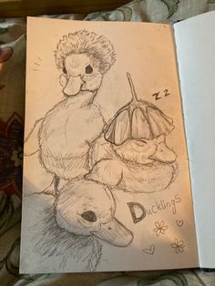 a drawing of a teddy bear holding a baby duckling in it's arms