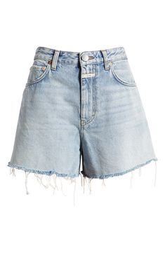 Exaggerated frayed hems amplify the laid-back style of weekend-ready shorts cut from Italian denim. 5 1/2" inseam Zip fly with button closure Five-pocket style 80% cotton, 20% recycled cotton Machine wash, line dry Imported Light Wash Denim Shorts, Light Blue Jean Shorts, Light Wash Cotton Jean Shorts, Washed Blue Denim Shorts, Blue H&m Jean Shorts, H&m Cotton Jean Shorts, H&m Blue Denim Shorts, Light Wash Denim, Laid Back Style