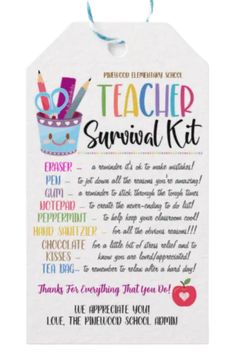 teacher survival kit with an apple, pencil and cupcake on it's tag