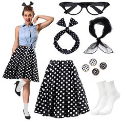 PRICES MAY VARY. 50s Costume Accessories: You will receive 1 vintage 50s skirt, 1 cat eye glasses, 1 sheer chiffon scarf, 1 pair round dangle earrings, 1 pair stud earrings, 1 pair ruffle frilly socks, a whole 50s costumes set satisfies your dressing needs Puffy 1950s Skirt: Classic 50s skirt is made of polyester fabric and elastic waistband, comfy and stretchy to wear, available in polka dot design and poodle skirt design, 5 sizes from S to XXL, suitable for most women and girls Retro 1950s Acc 50s Halloween Costume, 50s Costumes, 1950s Poodle Skirt, Cj Walker, 1950s Accessories, Polka Dots Skirt, Skirt Accessories