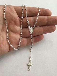 "925 sterling silver italian rosary 20\" long . for protection and good luck made in italy 3 mm beads gr:7.4 rosario de 925 plata esterlina -20\" largo .para proteccion y buena suerte . hecho en italia 3mm beads gr:7.4" Sterling Silver Cross Rosary In Silver, Handmade Sterling Silver Rosary Bracelet, Silver Sterling Silver Cross Rosary, White Gold Sterling Silver Rosary As Gift, Sterling Silver Rosary With Silver Beads As Gift, Gift Sterling Silver Rosary With Silver Beads, Gift Rosary With Sterling Silver Beads, Dainty Silver Rosary Gift, Dainty Silver Rosary As Gift