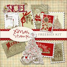 a christmas card with stamps on it and the words xmas stamps freebies kit