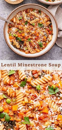 two bowls filled with pasta and vegetables on top of a table