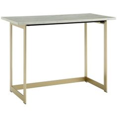 a white marble top and metal frame console table with an open shelf on the bottom