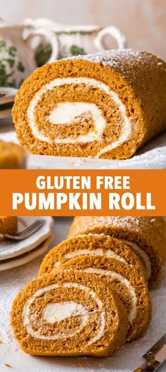 pumpkin roll with cream cheese frosting on top and the words gluten free pumpkin roll above it