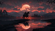 two people riding horses across a river under a red sky with the moon in the background