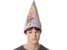 Cottagecore kitchen witch gnome hat made from quilted cotton.  The fabric has a layer of batting to hold the shape.  Tall and pointed.  Fabric is a multi-colored mosaic print with flowers patchwork look. One size fits most 22-24 inch heads, the hat is a little oversized so not to fit too snuggly around the forehead. Gnome Wizard, Gnome Hats, Gnome Costume, Witch Gnome, Cottagecore Kitchen, Mosaic Floral, Gnome Hat, Witch Hats, Floral Patchwork