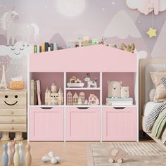 a child's bedroom decorated in pink and white with toys on the dressers