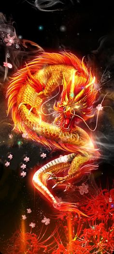 a red and yellow dragon is flying through the air