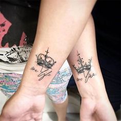 two people with matching tattoos on their feet, one has a crown and the other has a cross