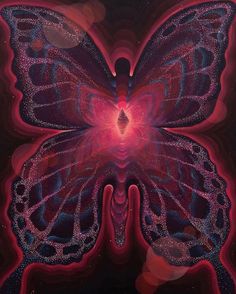 an abstract painting of a butterfly with red, blue and purple colors on it's wings