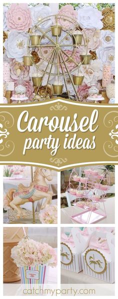 a carousel party with pink and gold decorations, cupcakes, cake stands, and paper flowers