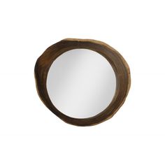 a round wooden mirror on a white wall