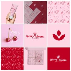 the berry bloom logo is shown in red and pinks, with hearts on it