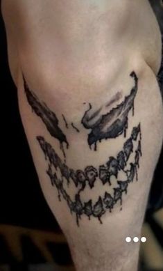 a close up of a person's leg with tattoos on it and an image of skulls