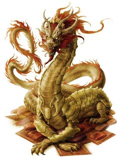 a golden dragon statue sitting on top of a piece of paper with fire coming out of it