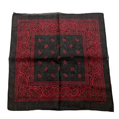 a black and red bandanna with paisley designs