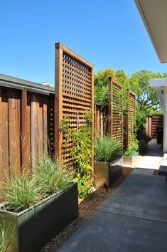 an outdoor area with wooden fence and planters on either side of the walkway,