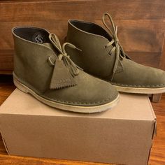 Clark’s Dark Olive Suede Desert Boot Brand New In Box Except They’ve Been Tried On Outside Hence The 6th Photo. Desert Clarks, Desert Boot, Womens Clarks, Boot Brands, Desert Boots, Profile Design, Company Profile, Clarks Shoes, Bootie Boots