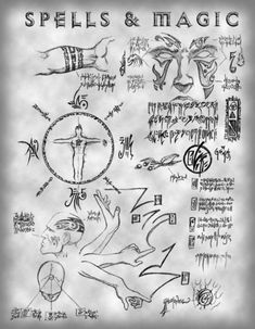 an image of spells and magic written in black ink on white paper with the words, symbols