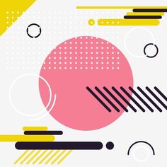 an abstract background with circles and lines in yellow, pink, black and white colors