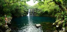 a man standing in front of a waterfall surrounded by lush green trees and rocks with water running down it