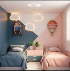 two beds in a room with pink and blue walls, white clouds on the wall