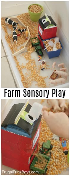 two pictures with the words farm sensory play in front of them, and an image of