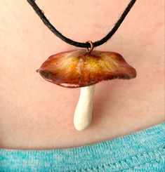 Close up of chest with Necklace with Mushroom on it Polymer Clay Mushroom, Clay Mushroom, Rustic Table Decor, Bee Keeper, Faux Taxidermy