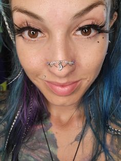 "THE MOONstone Double Nostril Bridge (Stainless Steel)(Moon Charm is silver-plated set in CZ) Made to Order!  Please use the reference picture in the ad to make accurate measurements of your nose (hole-to-hole) and message me your MM (millimeters) as soon as you order! This Nose Chain is made with stainless steel. Which means no tarnish on your nose! I appreciate your business and allowing me to make you a custom creation.  <3 Holly Please Note: Due to variations in sizing, some nose chains will have more or less beads to accurately meet your measurements. (You will not be charged more/less for either.) Most display pics are made to a 38 to 40mm measurement display size. Bead color will vary in coloration depending on the cut. (Designs do NOT include STUDS. I recommend \"push pin\" interna Silver Adjustable Celestial Body Jewelry, Adjustable Silver Celestial Body Jewelry, Double Nostril, Nose Chain, Nose Rings Studs, More And Less, Nose Jewelry, Nose Rings, Nose Ring Stud