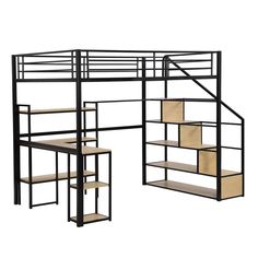 a black metal loft bed with stairs and storage drawers on the bottom level, against a white background