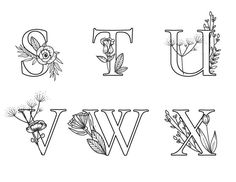 the letter u is made up of flowers and leaves, which are outlined in black ink