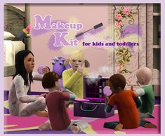 a group of children sitting around a doll house with makeup kit in it's hands