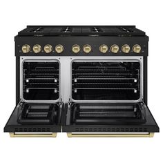 two black and gold ovens side by side