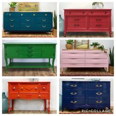 six different colored dressers with gold handles and knobs on each drawer, all painted in different colors