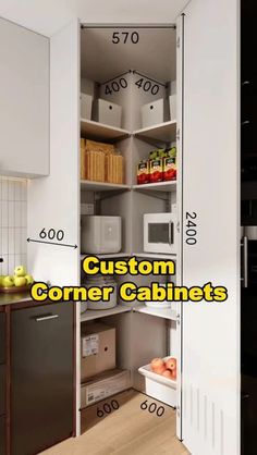 the corner cabinet is labeled with numbers and measurements