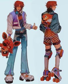 two anime characters are standing next to each other with skateboards on their feet and one is giving the thumbs up