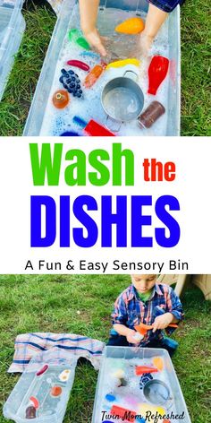 a young boy playing with the dishes in his play tray on the grass, and text overlay that reads clean the dishes