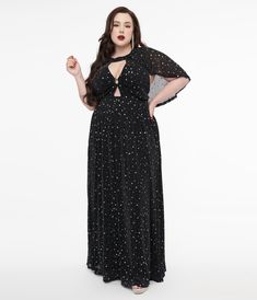 Smak Parlour Plus Size 1970s Black & Silver Star Cape Maxi Dress - Unique Vintage - Womens, DRESSES, MAXI Dresses 60s, Dresses 70s, 30s Dresses, 20s Dresses, 50s Outfits, Cutout Neckline, Dresses 40s, 1970s Style, Patch Dress