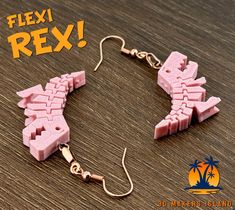 Show the world your love for Flexi-Rex!  This set is flexi-rex earrings are attractive, light weight, and they flex and bend just like the original design. This item has modified from the original 3D model Flexi Rex, by Kirbs, under the creative commons license (https://www.thingiverse.com/thing:1759297) Primary Color: Indicates the dinosaur color Secondary Color: Indicates the earring hook color. 3d Printer Jewelry, Dino Earrings, Dinosaur Jewelry, 3d Printing Diy, 3d Printed Jewelry, Dinosaur Coloring, T Rex Dinosaur, 3d Modelle, Earring Hook