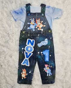 Personalized Kids Custom Character Birthday Overalls, Custom Overall Birthday Outfit, Shirt and Overall Set, Any Theme by TGloryBoutique on Etsy Birthday Overalls, Spray Paint Shirt, Fiesta Bluey, Bingo Party, Bluey Y Bingo, Bluey Birthday Party, Bluey Party, Second Birthday Ideas, Custom Character