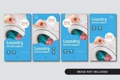 three banners for laundry service with washing machine