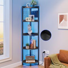 a corner shelf in the corner of a living room