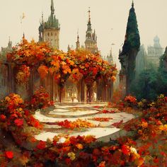 an oil painting of flowers in front of a building with spires on the top